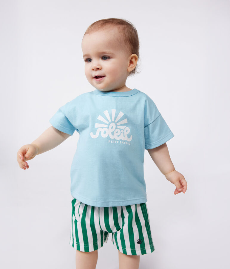 Babies' short-sleeved plain cotton T-shirt AQUATIC blue