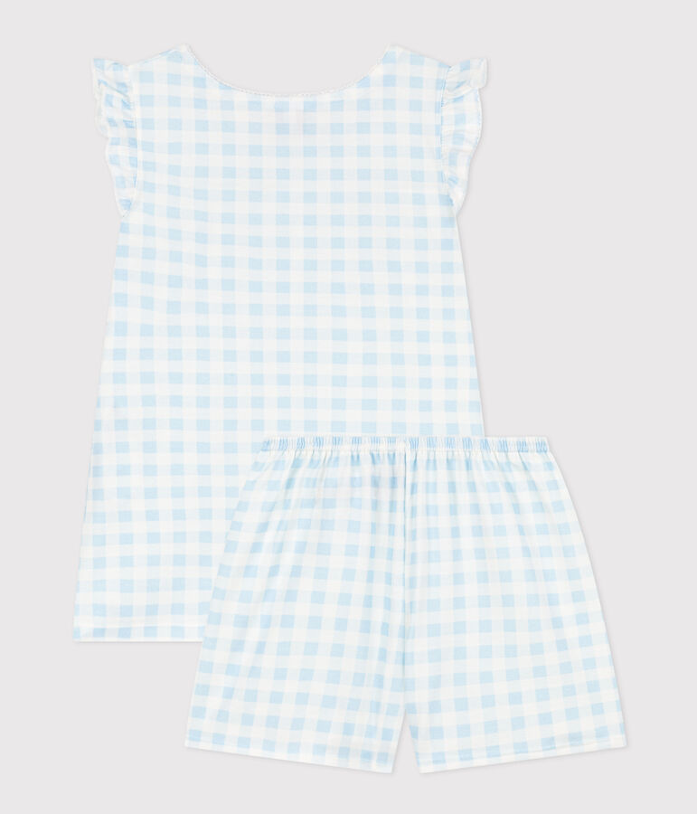 Girls' Fine Cotton Gingham Short Pyjamas white/blue