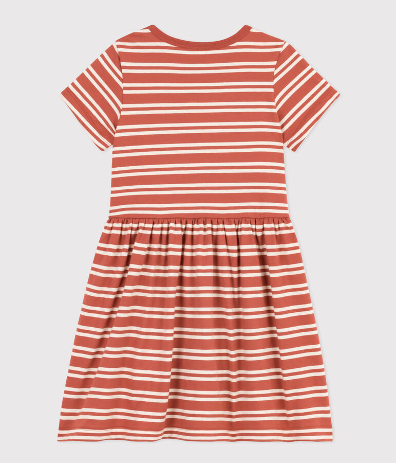 Girls' Stripy Short-Sleeved Cotton Dress brown/ecru