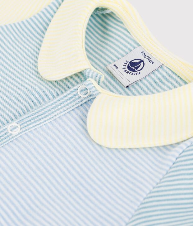 Babies' short cotton playsuit with a collar blue/white