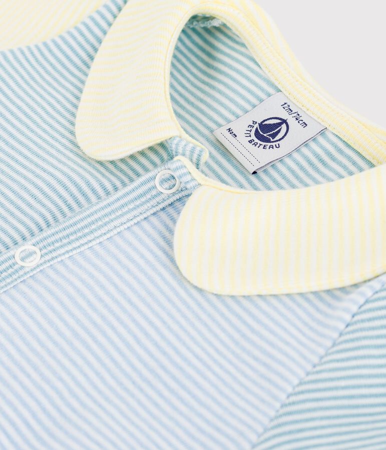 Babies' short cotton playsuit with a collar green/white