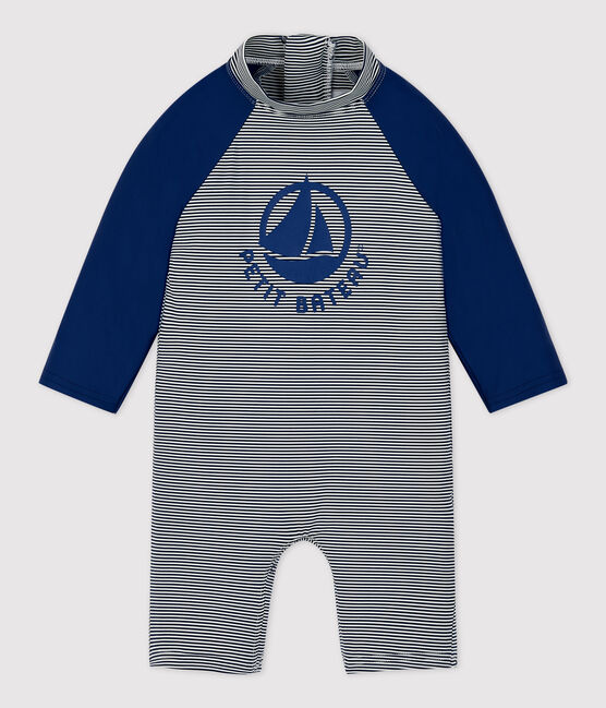Babies' UV-Resistant Recycled Fabric Jumpsuit MEDIEVAL blue/MARSHMALLOW white