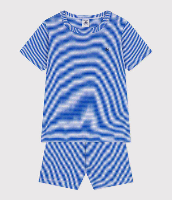 Children's short stripy cotton pyjamas PERSE blue/MARSHMALLOW white