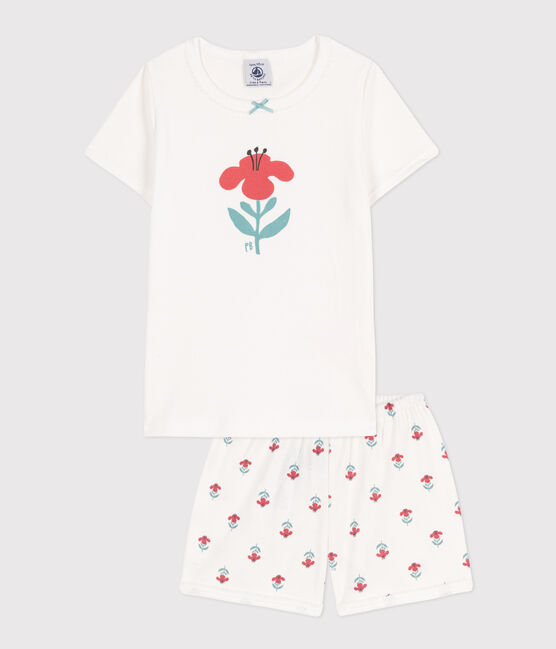 Girls' Floral Cotton Short Pyjamas MARSHMALLOW white/MULTICO white