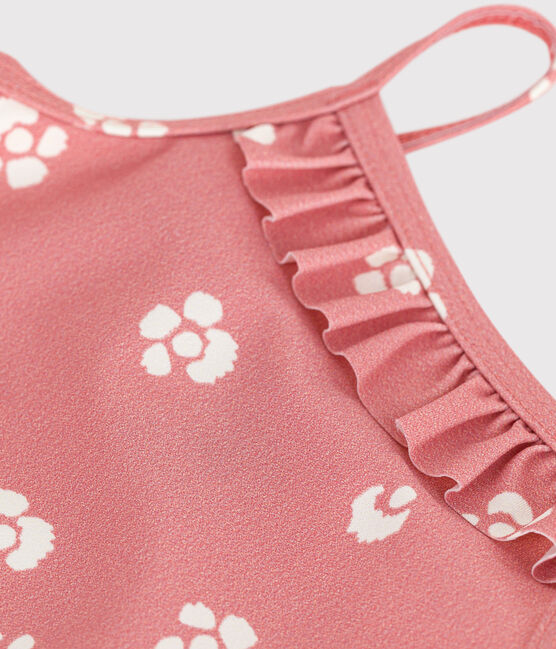 Babies' one-piece swimsuit with frills and a floral print. CHARME pink/MARSHMALLOW white
