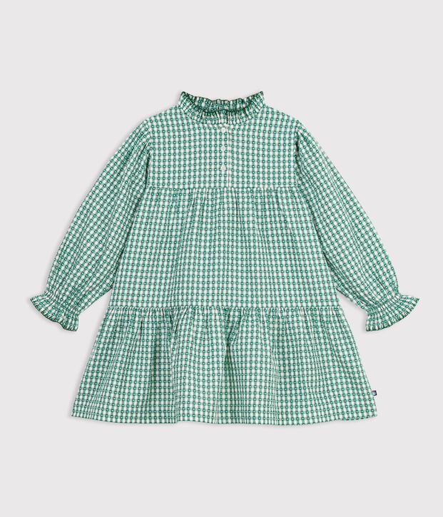 Children's long-sleeved poplin gingham dress green/white