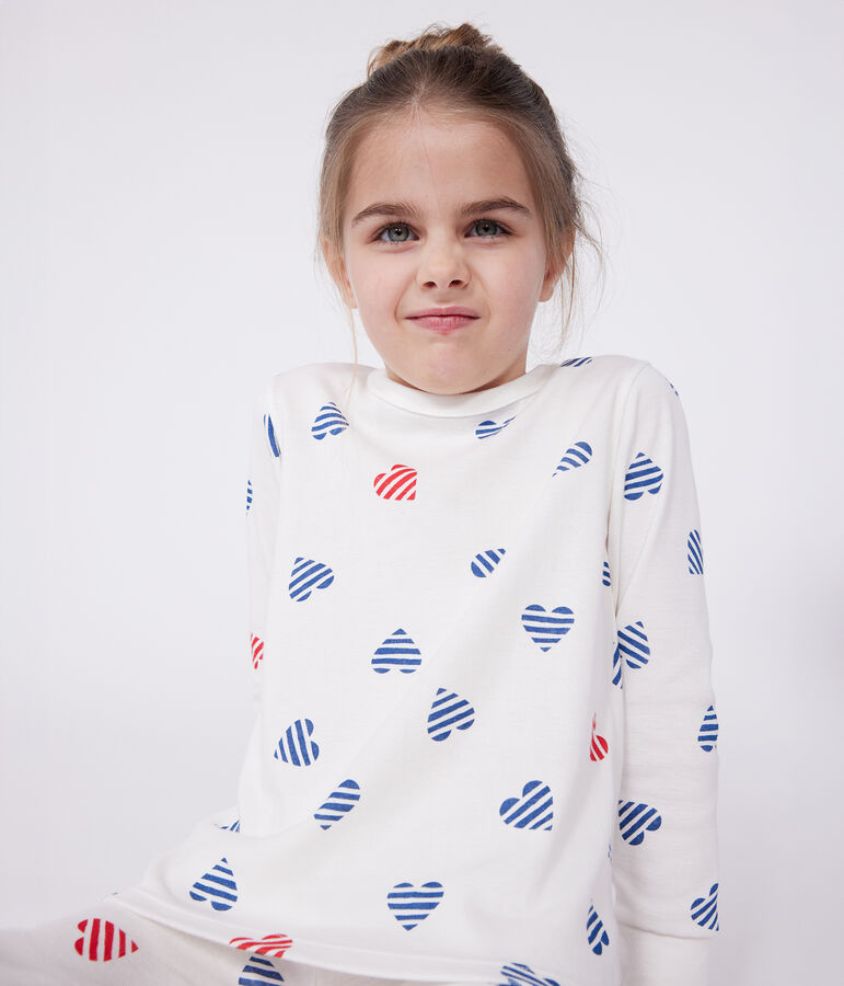 Children's long-sleeved heart print cotton pyjamas MARSHMALLOW white/MULTICO white