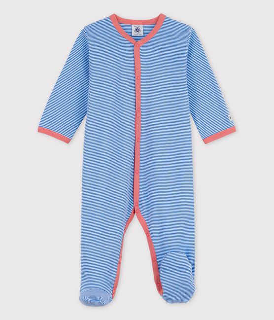 Babies' Stripy Organic Cotton Sleepsuit BRASIER blue/MARSHMALLOW grey