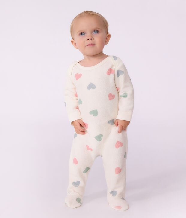 Babies' heart-print popper-free cotton terry pyjama suit Ecru/multicolor
