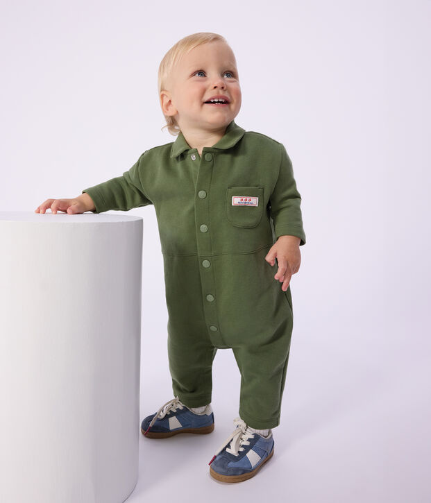 Babies' long plain cotton jumpsuit OLIVINE