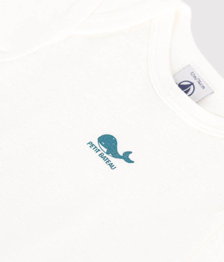 Babies' short-sleeved plain cotton body MARSHMALLOW white