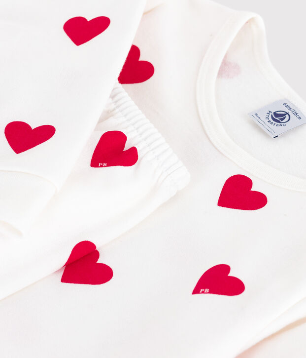 Children's pyjamas in heart-printed fleece white/red