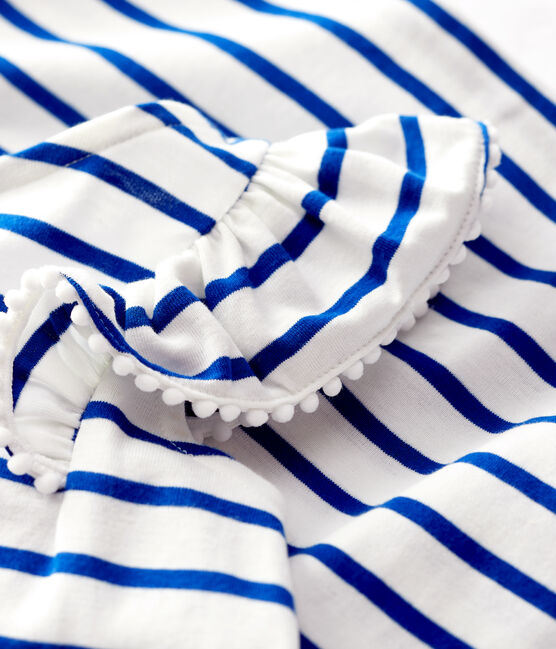 Girls' Short-Sleeved Cotton Dress MARSHMALLOW white/SURF blue