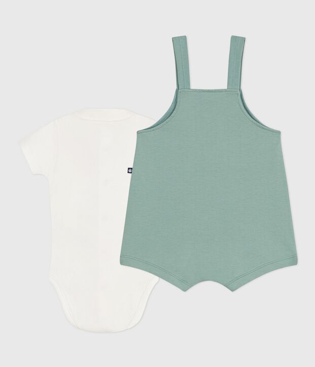 Newborn babies' set with dungarees and a body embroidered in plain cotton green