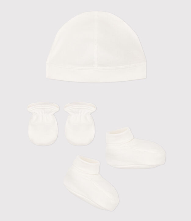 Unisex baby beanie, Booties , and mittens set in solid-color cotton multicolor