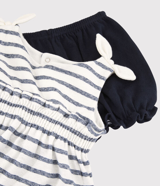 Baby Girls' Cotton and Linen Blend Blouse and Bloomers Ensemble MARSHMALLOW white/MEDIEVAL blue