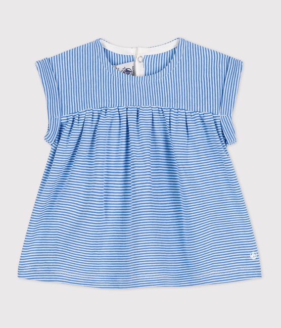 Babies' Organic Cotton Short-Sleeved Blouse BRASIER blue/MARSHMALLOW grey