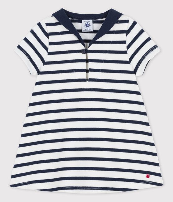 Babies' Thick Organic Jersey Dress With Open Collar MARSHMALLOW white/SMOKING blue