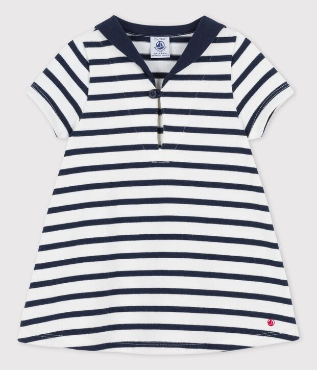 Babies' Thick Organic Jersey Dress With Open Collar white/blue