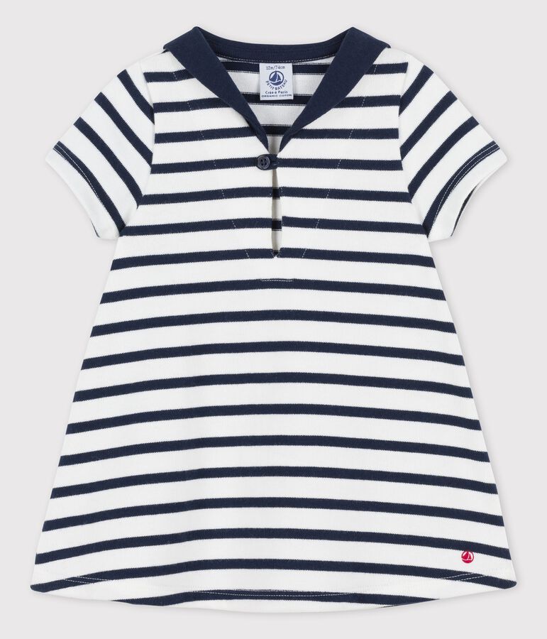 Babies' Thick Organic Jersey Dress With Open Collar white/blue