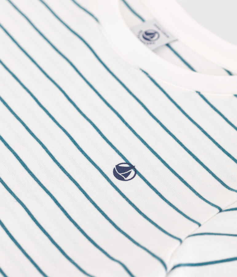 Children's short-sleeved stripy cotton T-shirt MARSHMALLOW green/DRAGONFLY