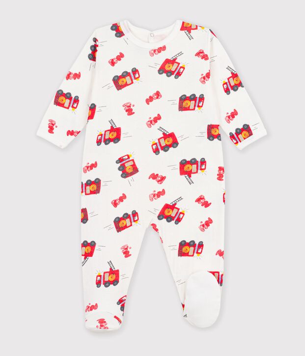 Babies' pyjama suit in tube knit fabric with a printed firefighter design and a back opening white/multicolor