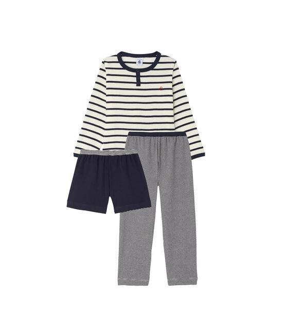 Teenage boys' three-piece pyjama set COQUILLE beige/SMOKING blue