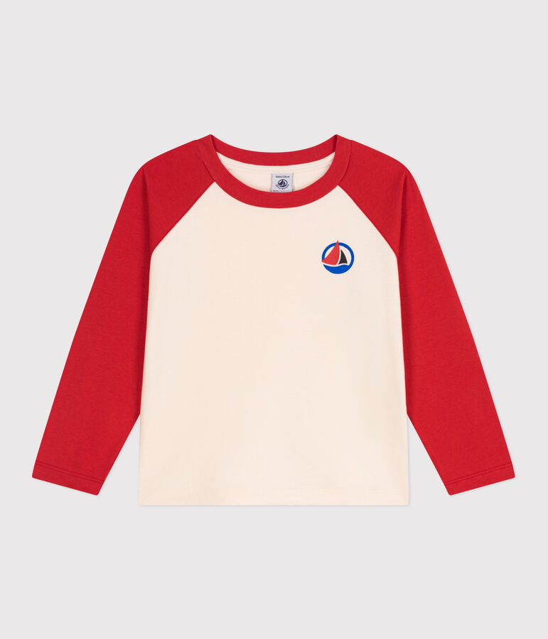 Children's long-sleeved colourblock cotton T-shirt Ecru/red