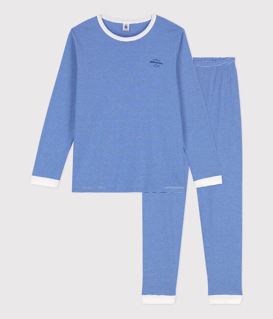 Children's Unisex Pinstriped Cotton Pyjamas PERSE blue/MARSHMALLOW white