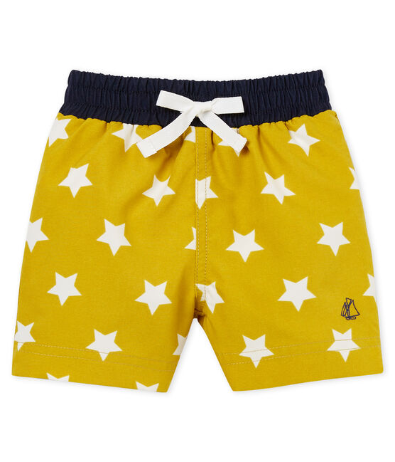 Baby boys' printed beach shorts BAMBOO yellow/MARSHMALLOW white