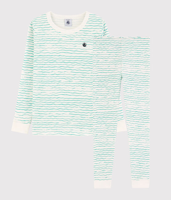 Boys' Green Snugfit Wave Print Cotton Pyjamas MARSHMALLOW white/VERT