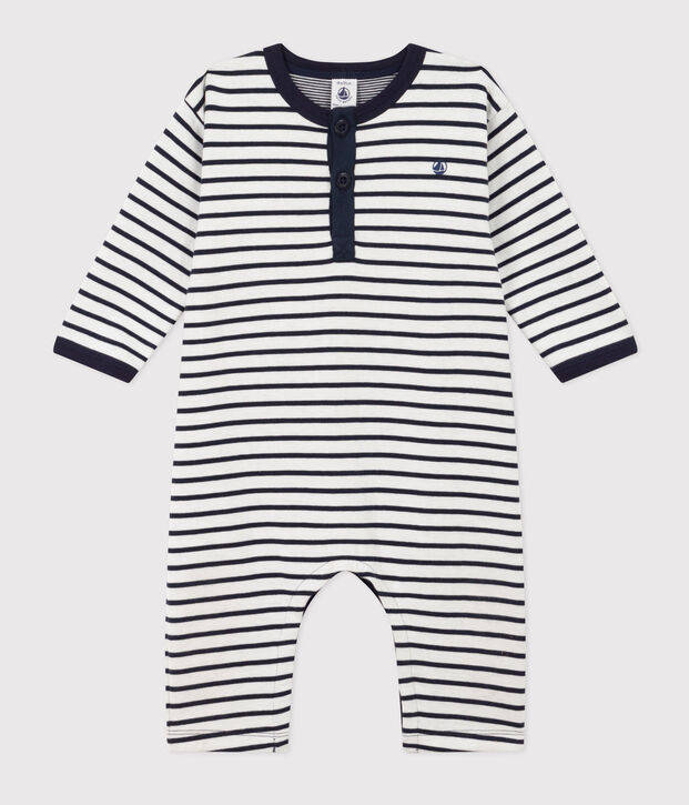 Babies' Thick Jersey Stripy Breton Jumpsuit white/blue