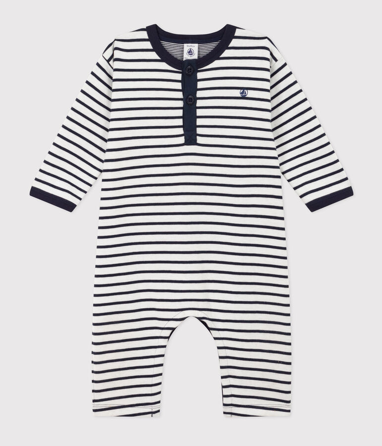 Babies' Thick Jersey Stripy Breton Jumpsuit MARSHMALLOW white/SMOKING blue