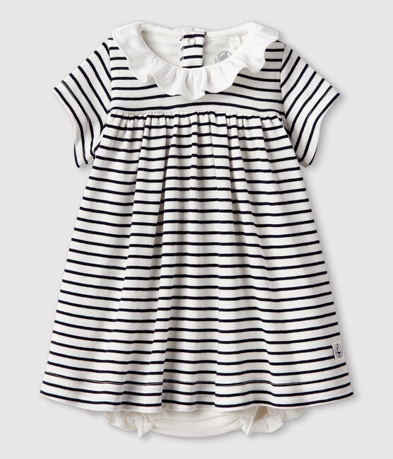 Baby girls' short-sleeved cotton bodysuit/dress MARSHMALLOW white/SMOKING blue
