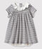Baby girls' short-sleeved cotton bodysuit/dress MARSHMALLOW white/SMOKING blue