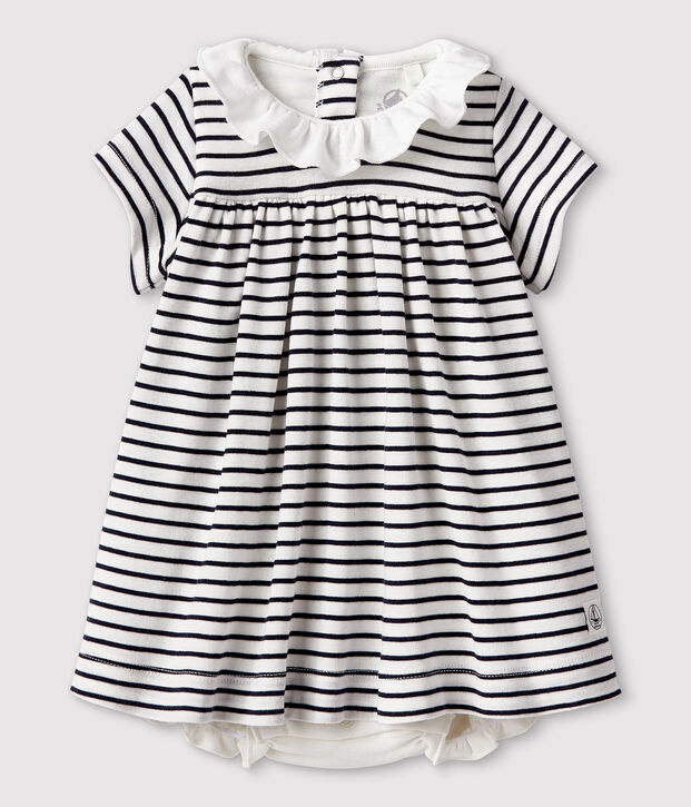 Baby girls' short-sleeved cotton bodysuit/dress white/blue