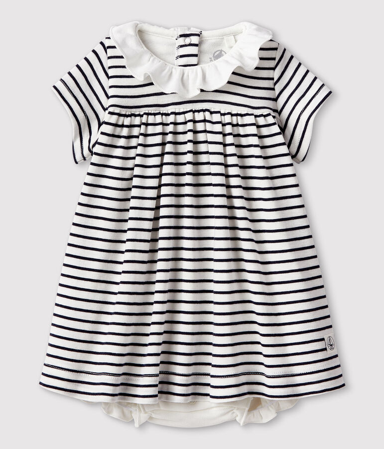 Baby girls' short-sleeved cotton bodysuit/dress white/blue