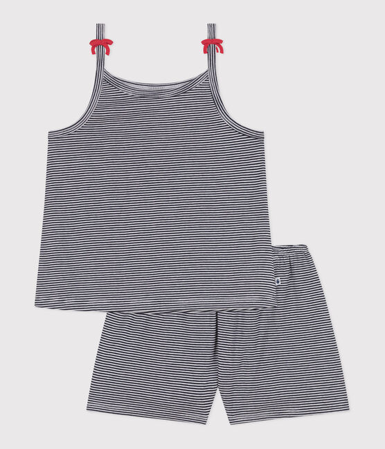 Children's short stripy strappy pyjamas SMOKING blue/MARSHMALLOW white