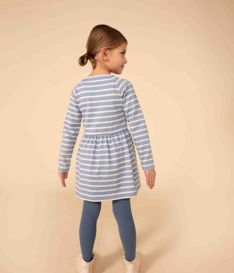 Girls' long-sleeved dress in stripy thick cotton blue/beige