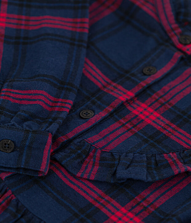 Girls' long-sleeved checked dress in checked cotton flannel blue/multicolor