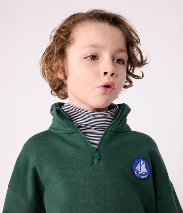 Children's plain shawl collared cotton sweatshirt green