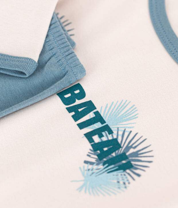 Girls' long-sleeved cotton pyjamas beige/blue