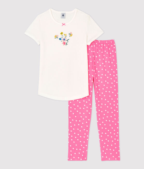 Girls' Short-Sleeved Cotton Pyjamas PETAL pink/MARSHMALLOW white
