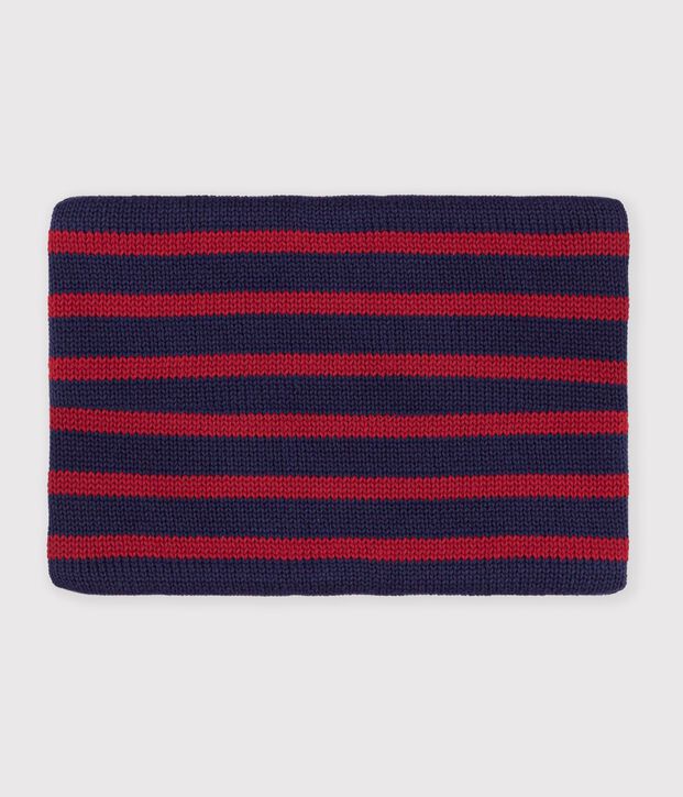 Children's stripy fleece-lined knitted snood blue/red