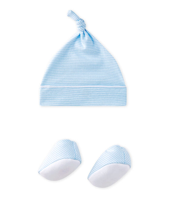 Newborn hat + booties set FRAICHEUR blue/ECUME white