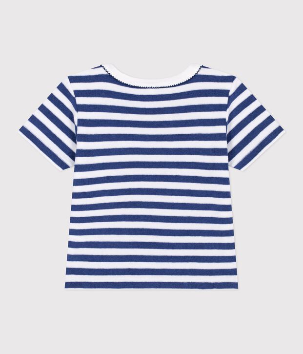 Children's short-sleeved stripy cotton T-shirt blue/white