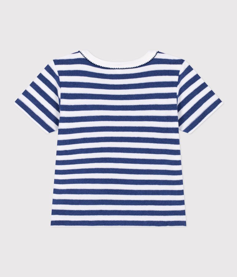 Children's short-sleeved stripy cotton T-shirt blue/white