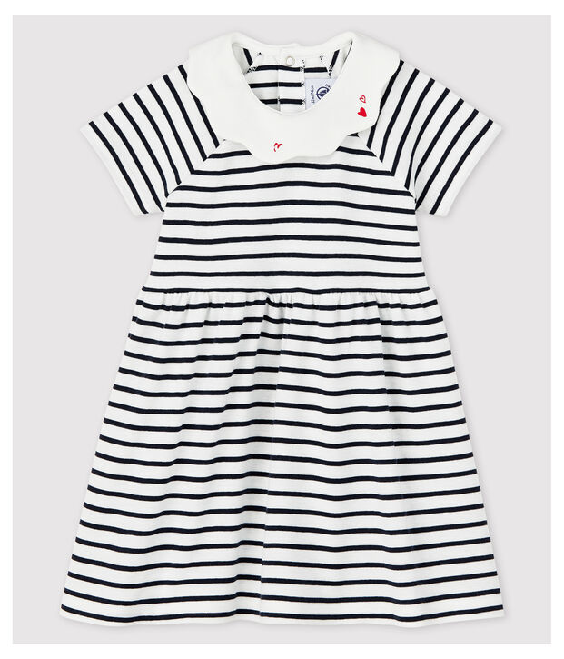 Baby Girls' Short-Sleeved Stripy Rib Knit Dress white/blue