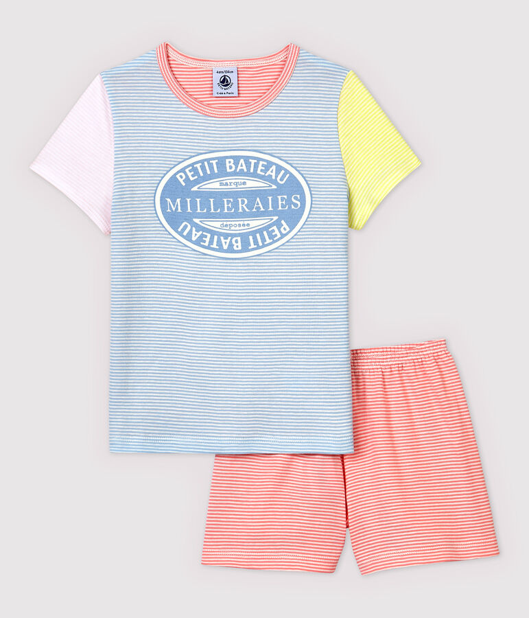 Girls' Colourful Pinstriped Cotton Short Pyjamas JASMIN blue/MULTICO white