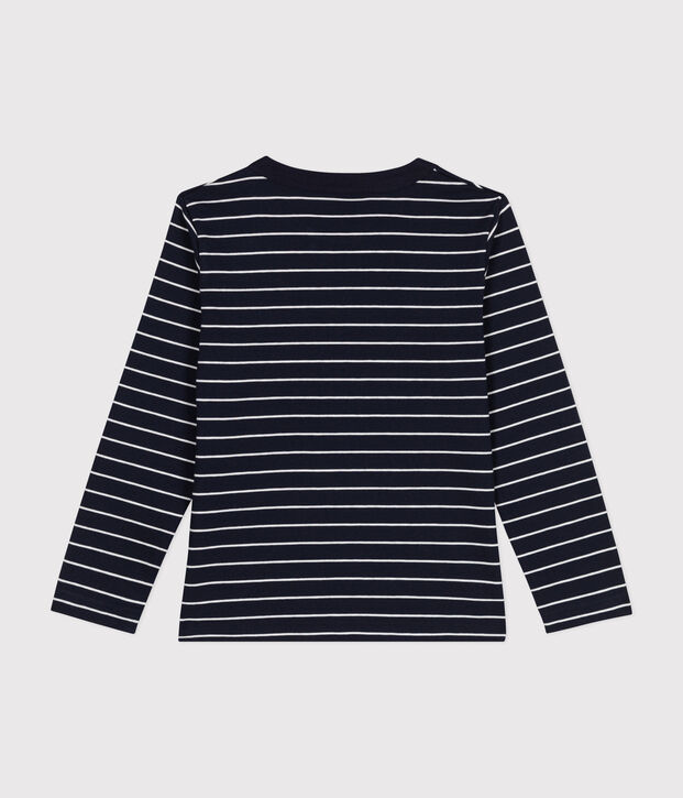 Boys' long-sleeved cotton T-shirt blue/white